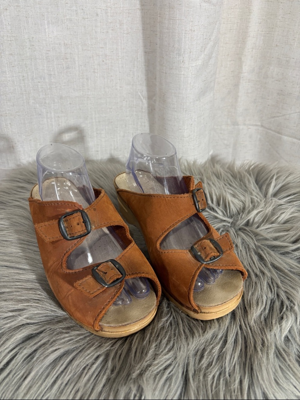 Sanita Rust Brown Suede Buckle Slide Clog Sandals